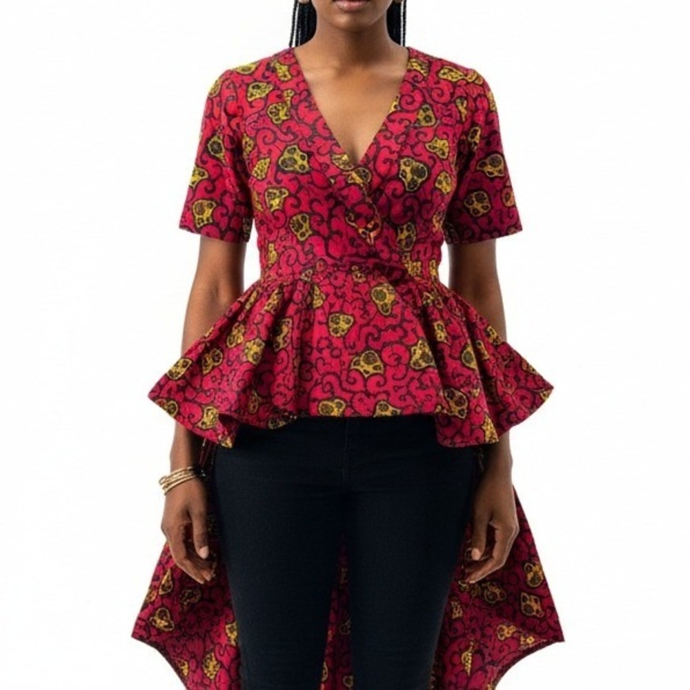 Vibrant‎ African Print Peplum Wrap Top Women Size S Short Sleeve High Low